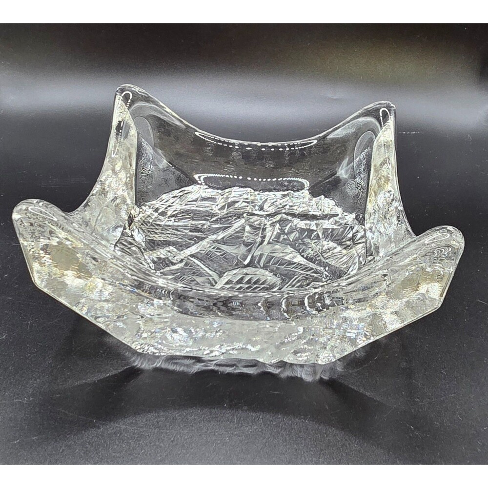 Vintage Heavy Sculptural Art Glass Folded Ice Textured Bowl Trinket Candy Dish